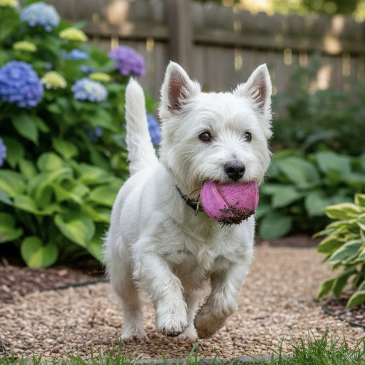 A small white West Highland Terrier runs on a gravel path in a garden, carrying the Georgie Paws Ball - Hot Pink in its mouth. Green plants, blooming purple hydrangeas, and a wooden fence complete the enclosed yard scene.