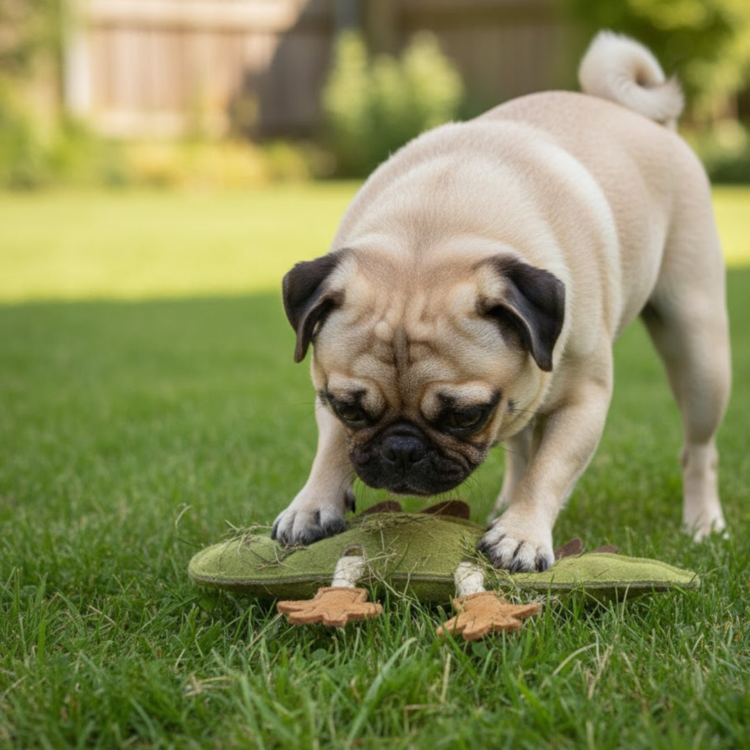 A fawn pug stands on green grass, curiously pawing the eco-friendly Georgie Paws Larry Lizard Dog Toy in green. The softly blurred background shows a fence and greenery as the dog focuses intently on the toy.