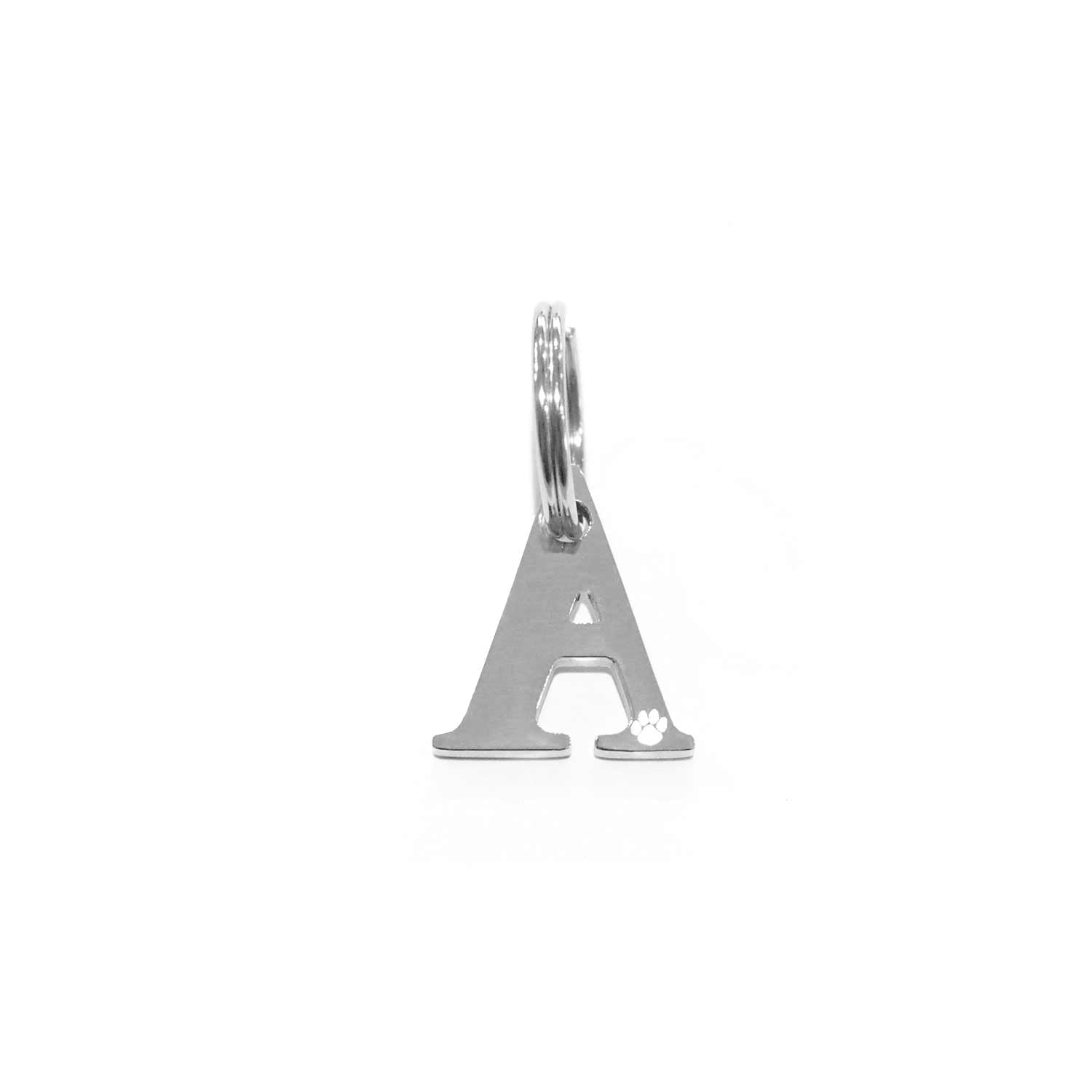 The Georgie Paws Initials - Collar Charms feature a stainless steel "A" keychain with an engraved paw print, making a thoughtful dog gift. Shown on a plain white background.