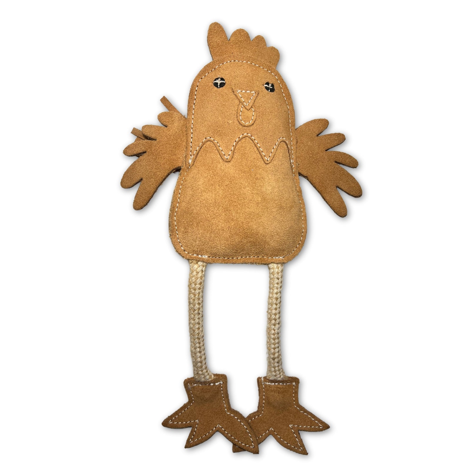 A whimsical, handmade plush Matilda the Chicken - Natural toy by Georgie Paws, with a tan body, stitched detailing, and long, dangling legs finished with fluffy feet, isolated on a white background.