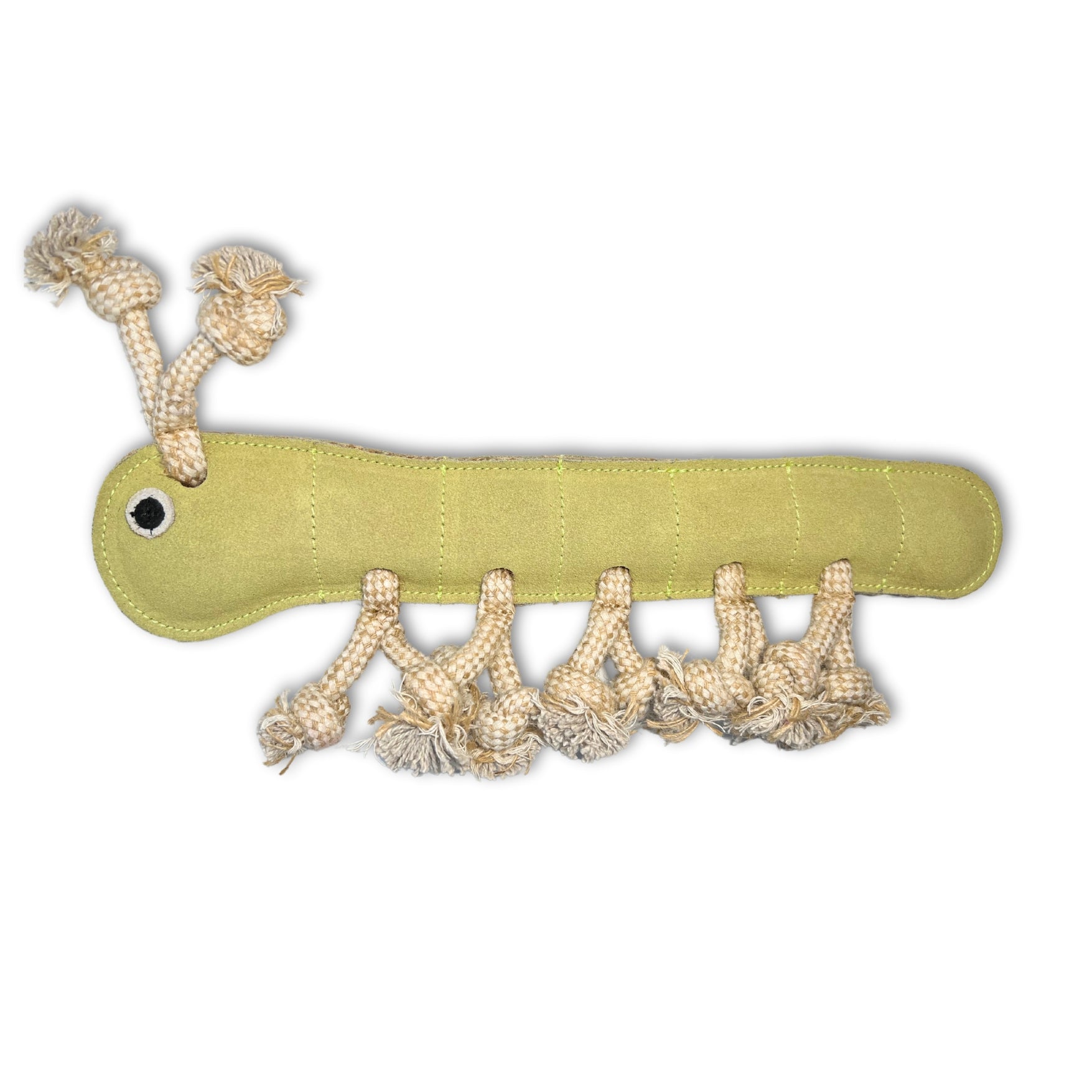 A plush Gerti the Grub - pear dog toy made of green, sustainable fabric with rope segments and knots representing legs, featuring a single stitched eye and antennae, designed for interactive play and chewing. Created by Georgie Paws.