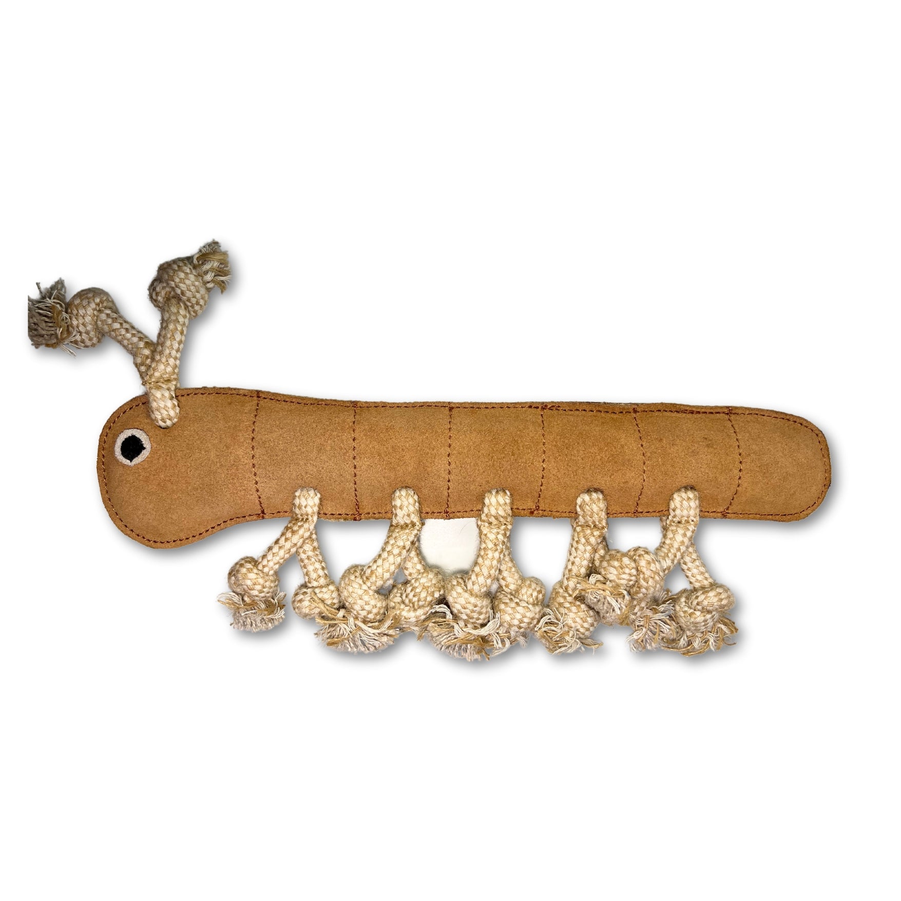 A whimsical brown and beige sustainable Gerti the Grub plush toy from Georgie Paws, featuring a friendly face with one visible eye, and multiple textured segments ending in rope-knotted limbs, designed for playful interaction and sensory exploration.