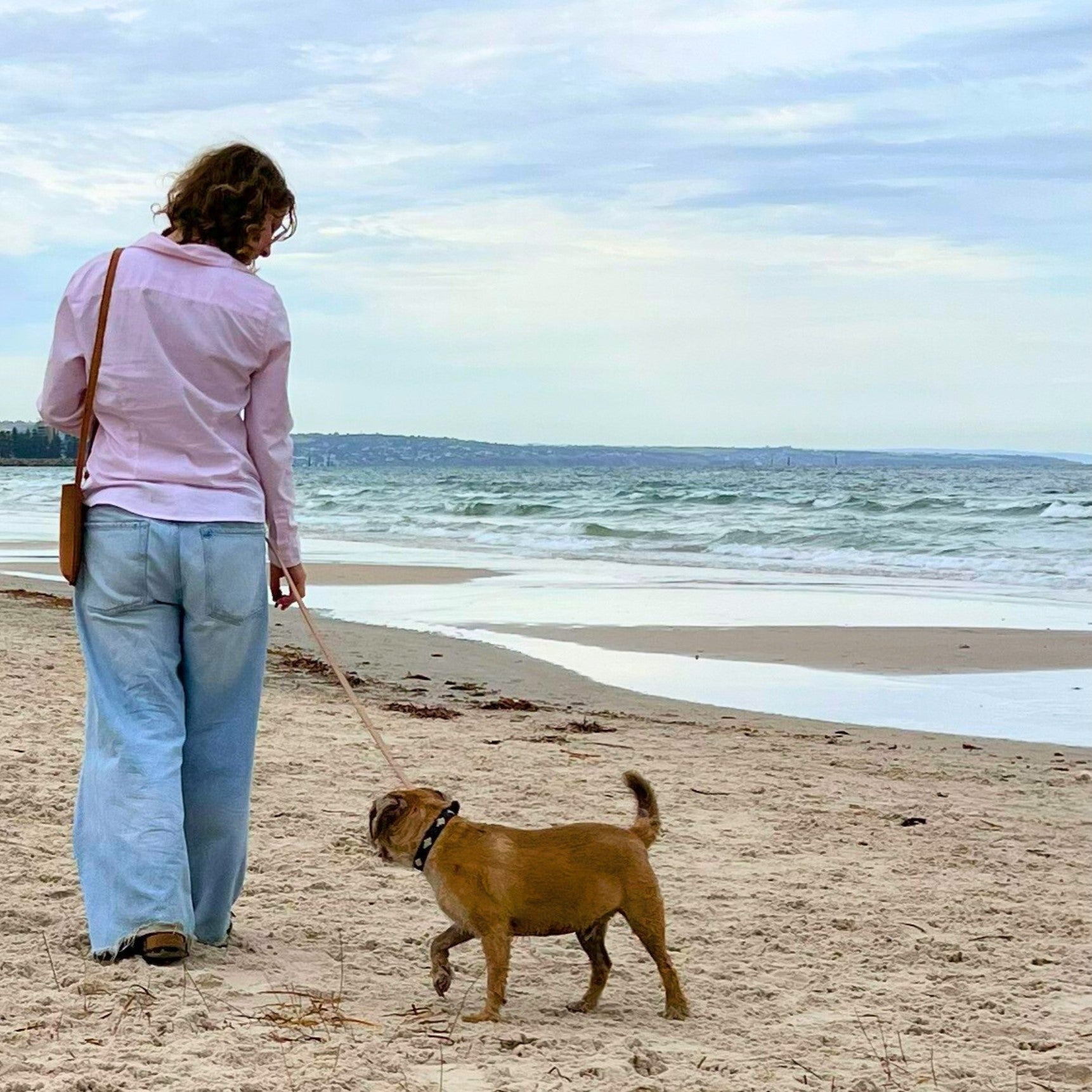 A person with shoulder-length hair, wearing a pink shirt and blue jeans, walks a small brown dog on a Georgie Paws Dog Walk Bag - Raw veg tanned leather leash along a sandy beach. The ocean and a cloudy sky provide the backdrop.