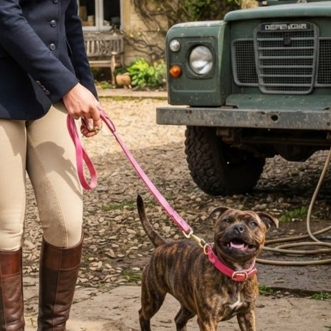 Georgie Paws Bald Dog Collar and Lead in Hot Pink, plain buffalo leather with brass hardware