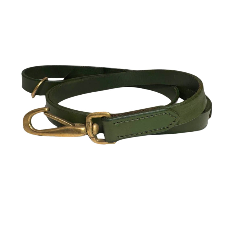 The Bald Lead Chive by Georgie Paws, a coiled green leash made from sustainable vegetable tanned buffalo leather, features gold-tone hardware—including a clasp and a D-ring—and visible stitching along the edges. It is displayed on a white background.