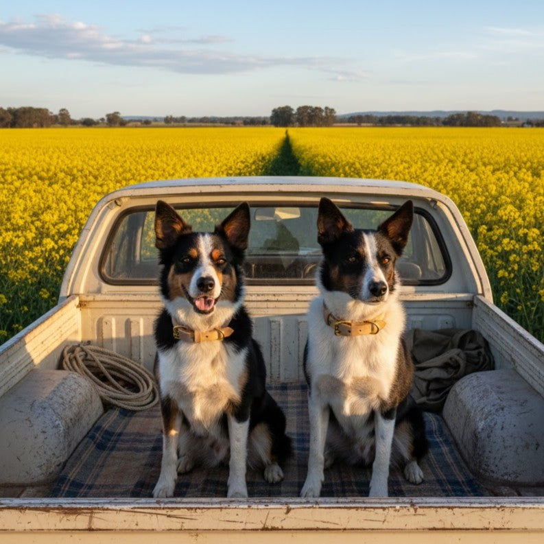 Two black and white dogs sit in a white pickup, each wearing a Georgie Paws Bald Collar Raw with antique brass hardware. They rest near a coiled rope and blanket amid yellow flowers, basking in warm late afternoon sunlight.