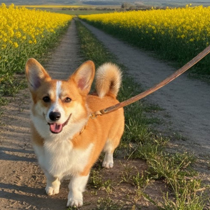 A happy corgi on a Georgie Paws Bald Lead Raw stands on a dirt path with green grass and yellow flowers, open fields and hills in the background under a clear sky. The corgi looks at the camera, mouth open and tail up.