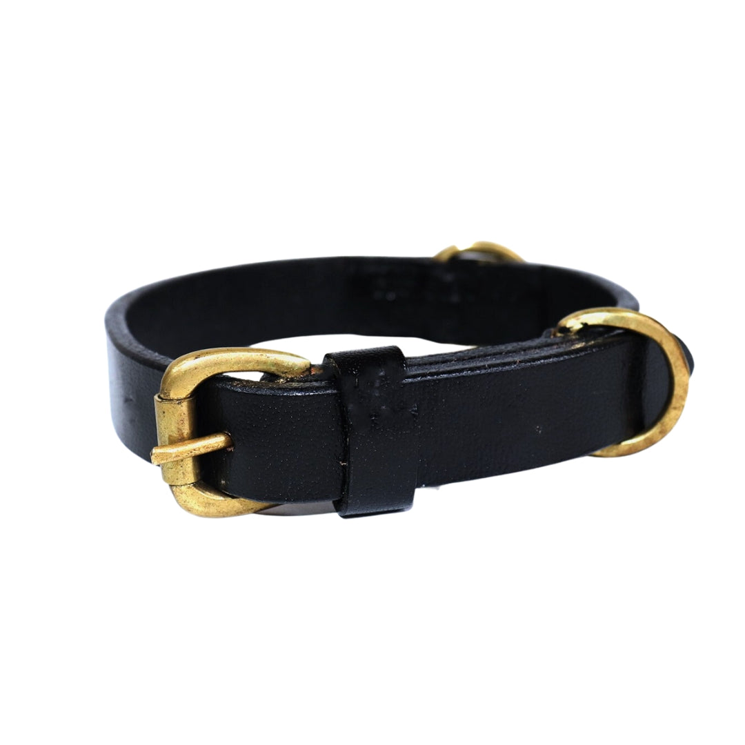 A Georgie Paws Bald Collar Black choker made of black buffalo leather with a gold-tone metal buckle, centered and isolated against a white background, showcasing a punk or gothic accessory style.