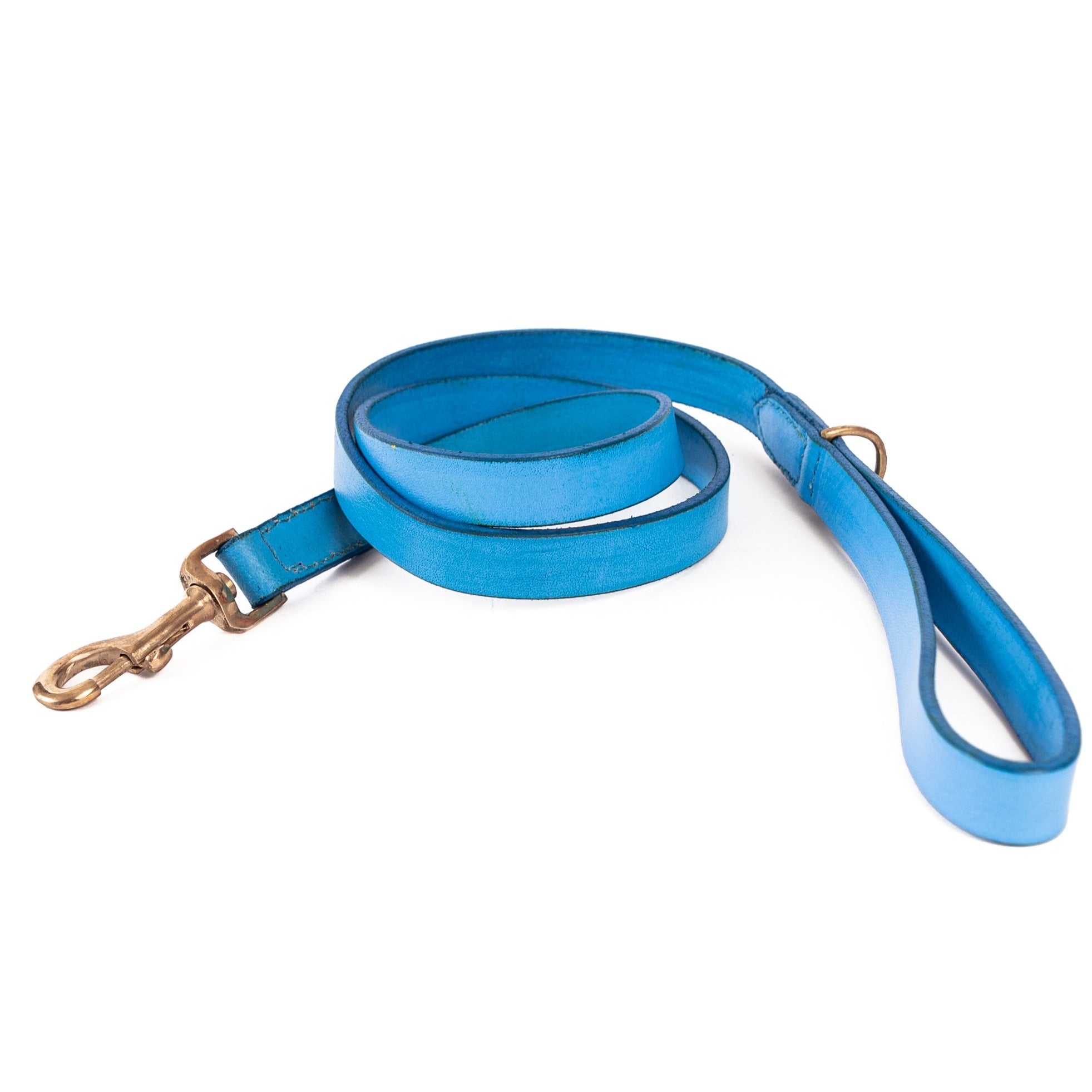 A Bald Lead Blue by Georgie Paws, a blue leather designer dog lead with a metal clasp, coiled and isolated on a white background. The leash features stitching details and a looped handle.