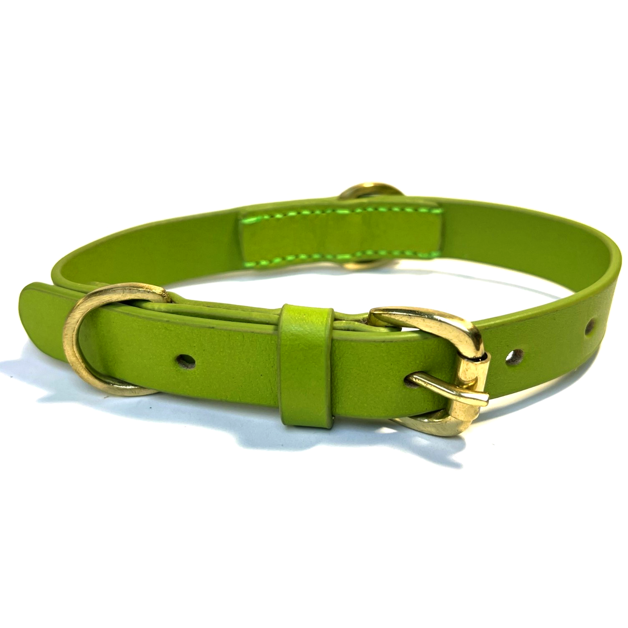 A bright green Bald Collar Mantis dog collar by Georgie Paws with antique brass hardware, displayed against a white background. The collar has a loop for leash attachment and multiple holes for size adjustment.