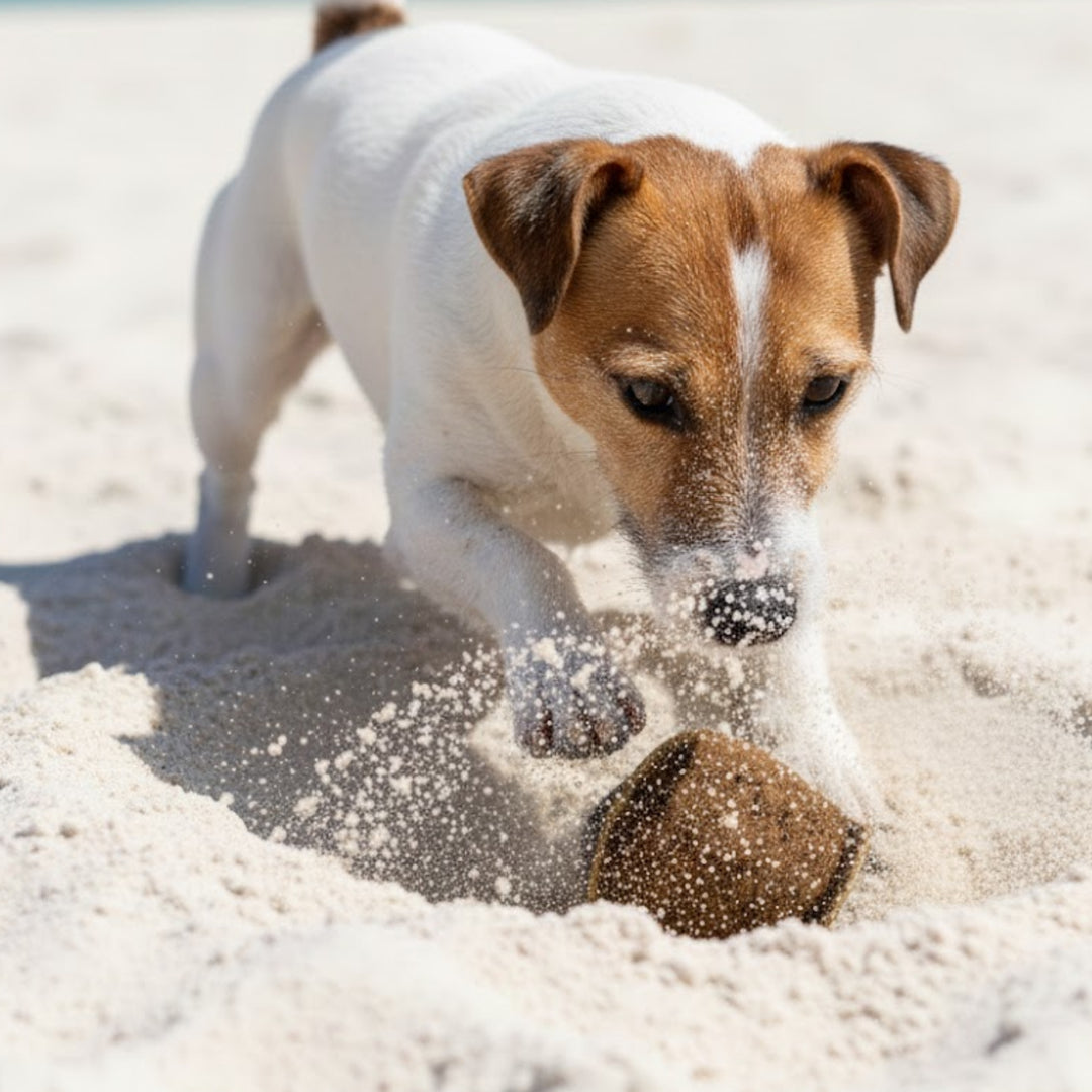 A small Jack Russell Terrier with brown and white fur digs in white sand, uncovering a partially buried Georgie Paws Ball - Brown. Its nose is dusted with sand as it plays energetically on a bright, sunny beach.
