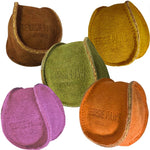 Image of five small suede pouches in various colors - brown, green, yellow, purple, and orange - each embossed with the text "Georgie Paws Australia." These eco-friendly pouches are arranged in a clustered, overlapping pattern.