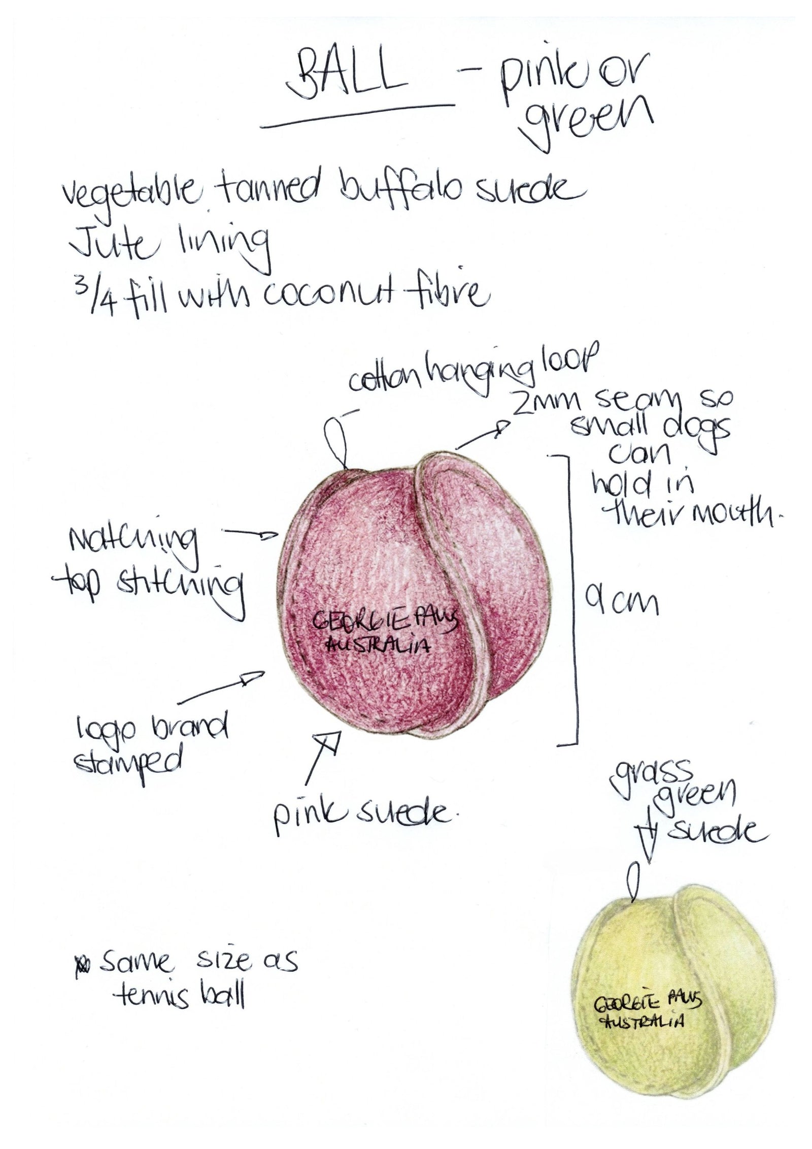 Georgie Paws' Ball - Grass is an eco-friendly dog ball in pink or green, made from vegetable-tanned buffalo suede, with jute lining, coconut fiber filling, a 9cm diameter, cotton hanging loop, logo stamp, and notes on stitching and colors.