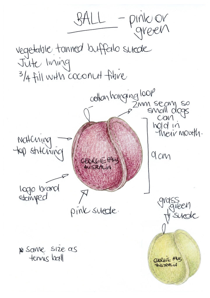 Georgie Paws' Ball - Grass is an eco-friendly dog ball in pink or green, made from vegetable-tanned buffalo suede, with jute lining, coconut fiber filling, a 9cm diameter, cotton hanging loop, logo stamp, and notes on stitching and colors.