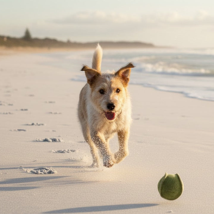 A happy, tan and white dog runs on a sandy beach toward the eco-friendly Georgie Paws Ball - Grass. Its mouth is open, ears perked, and tail up, with gentle ocean waves and a distant shoreline visible under soft sunlight.