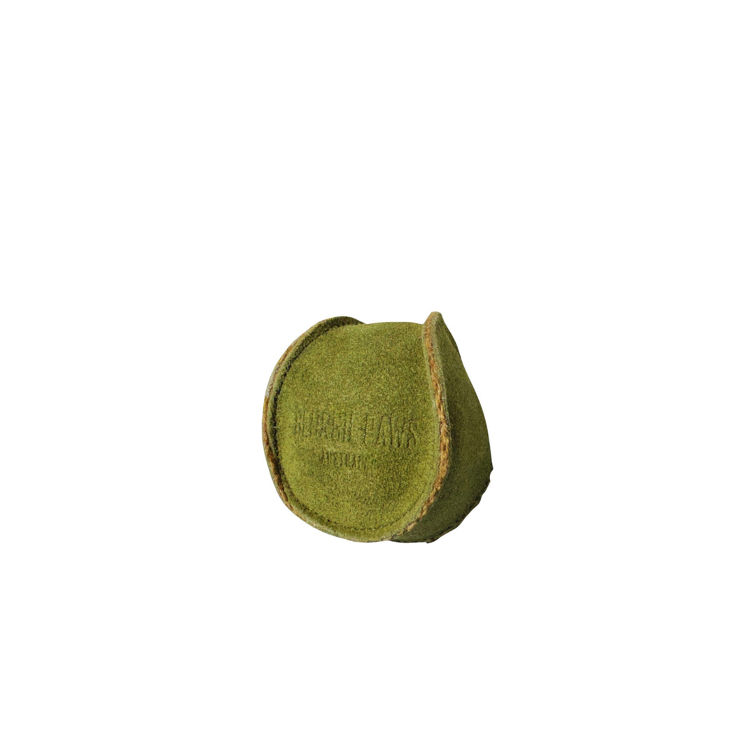 A single, green "Ball - Grass" dog ball by Georgie Paws rests on a white background. The eco-friendly ball shows some wear, with visible outer seams, textured surface, and embossed branding on its side.