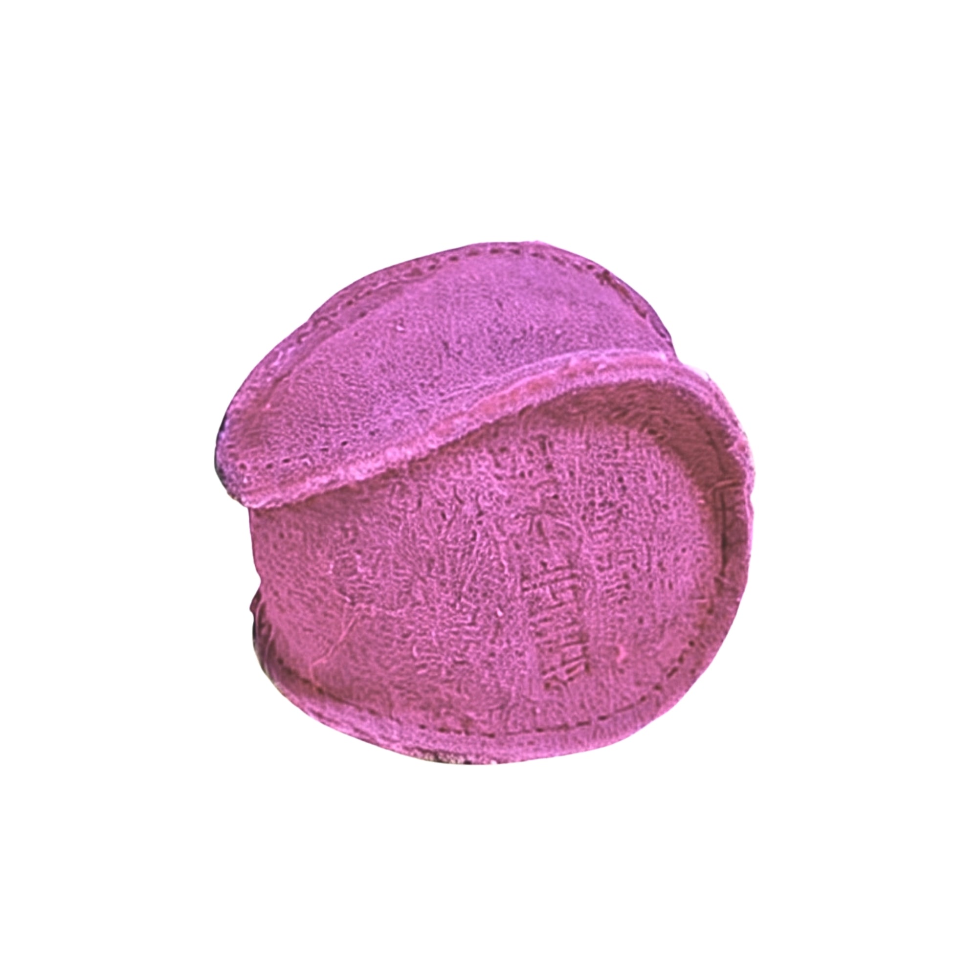 A vibrant pink Ball - Hot Pink kippah with a textured fabric surface and raised seams, featuring embroidered Hebrew text on the inside, crafted from eco-friendly coconut fibre by Georgie Paws.