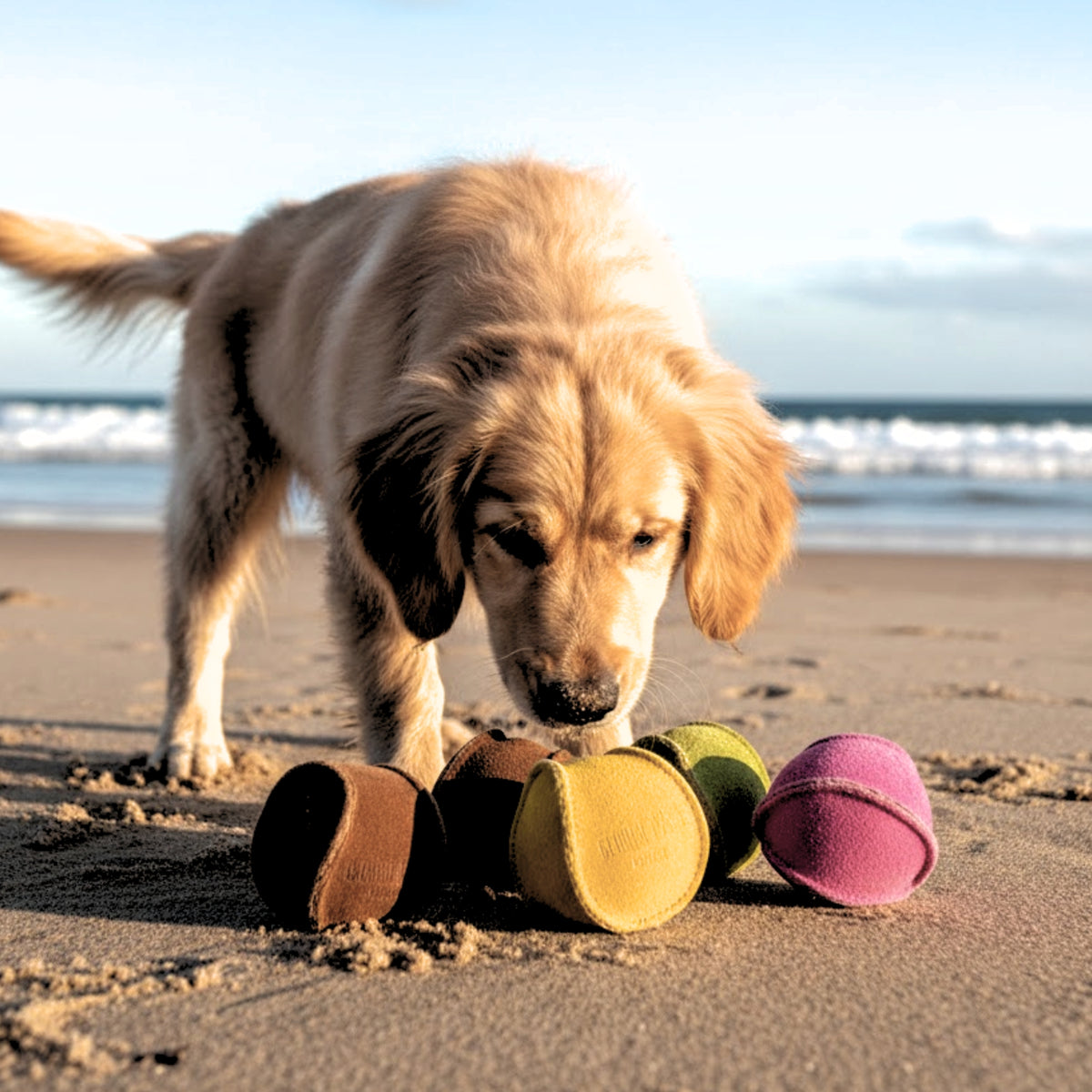 A group of Georgie Paws handmade suede dog balls in different colours