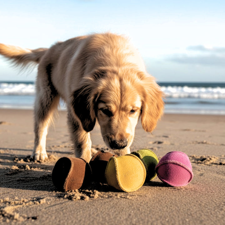 A golden retriever sniffs a Georgie Paws Ball in hot pink, scattered on a sandy beach near the ocean, with gentle waves and a blue sky in the background.
