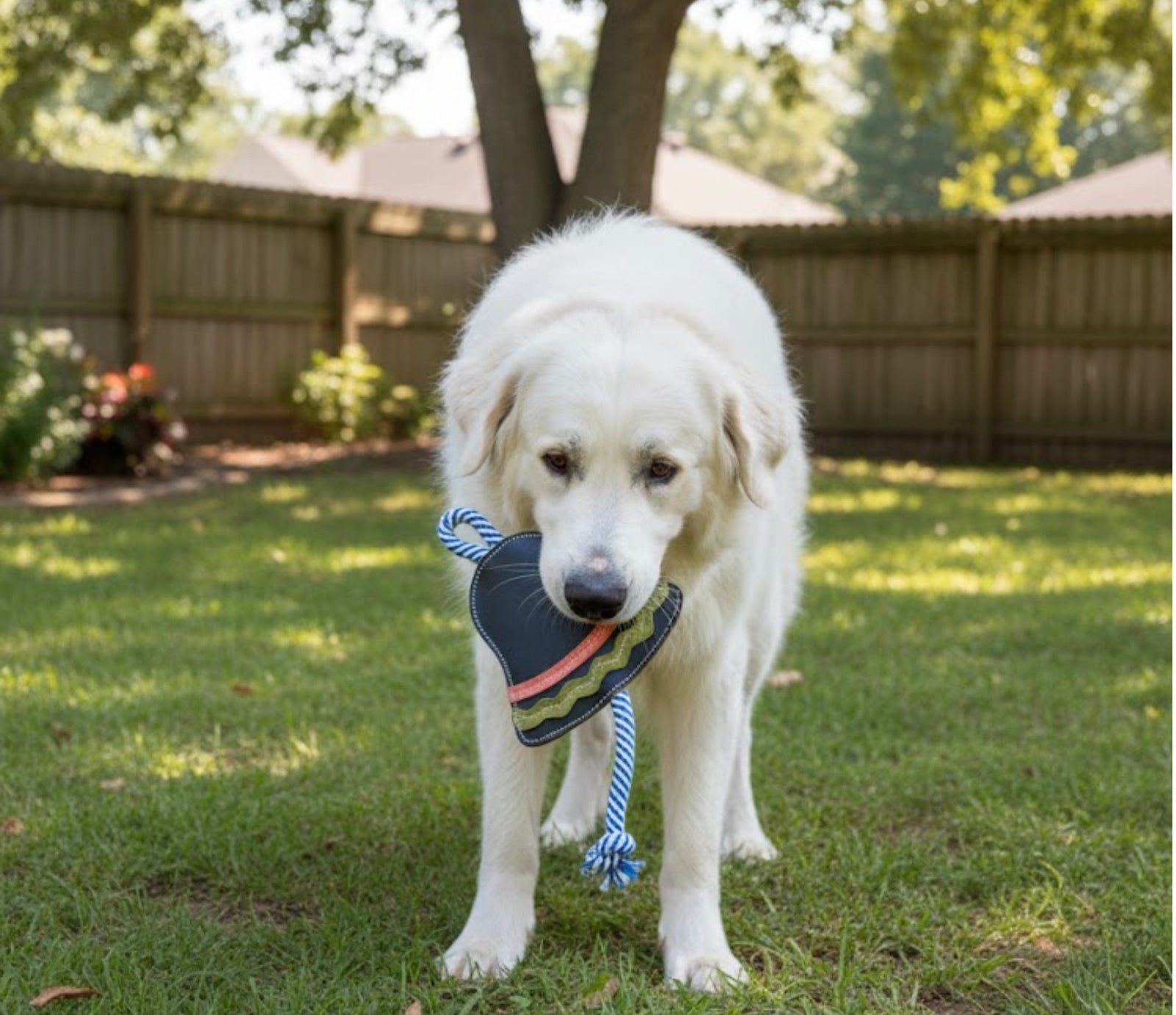 A second view of the Barb the Bell Puppy Chew Toy by Georgie Paws, a bell-shaped ornament toy with a red stripe and gold trim.