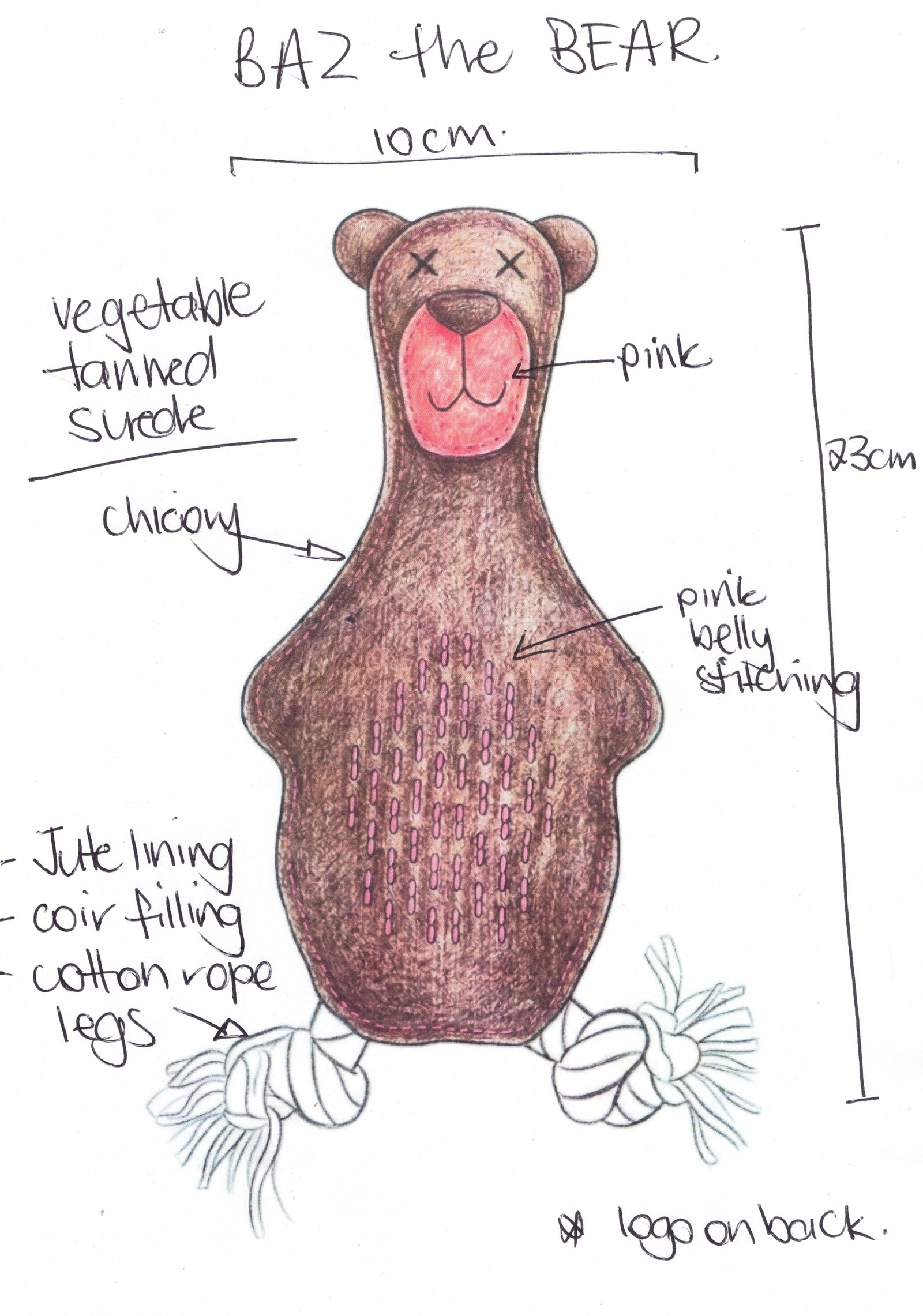 The Georgie Paws Baz the Bear Dog Toy - Brown is a 23cm x 10cm sustainable plush with a veggie-tanned suede body, pink stitched details, jute lining, coir filling, and compostable cotton rope legs—perfect for eco-conscious pups.