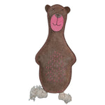 Introducing Baz the Bear - brown from Georgie Paws, a charming teddy bear-shaped dog toy made from eco-friendly materials. This adorable toy features a textured fabric body, pink stitching on its belly, a pink snout, a stitched smile, and X-shaped eyes. The arms and legs are crafted from coconut fiber, designed in a simplistic, cartoon-like style to delight your furry friend.