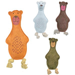 Four charming Baz the Bear plush toys from Georgie Paws are displayed against a white background. Each bear features a yarn-stitched face with X's for eyes and rope legs, crafted from eco-friendly materials. The bears come in orange, light blue, dark brown, and green hues with intricate stitched detailing on their rectangular bodies.
