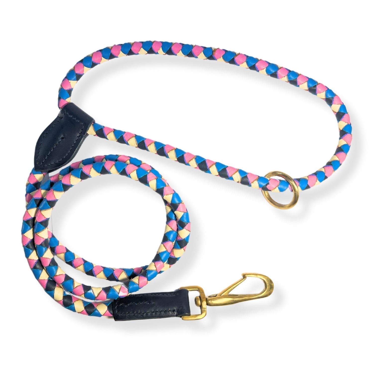 A Beach Lead by Georgie Paws, with a geometric pattern and black leather accents, designed for dog trainers, isolated on a white background.