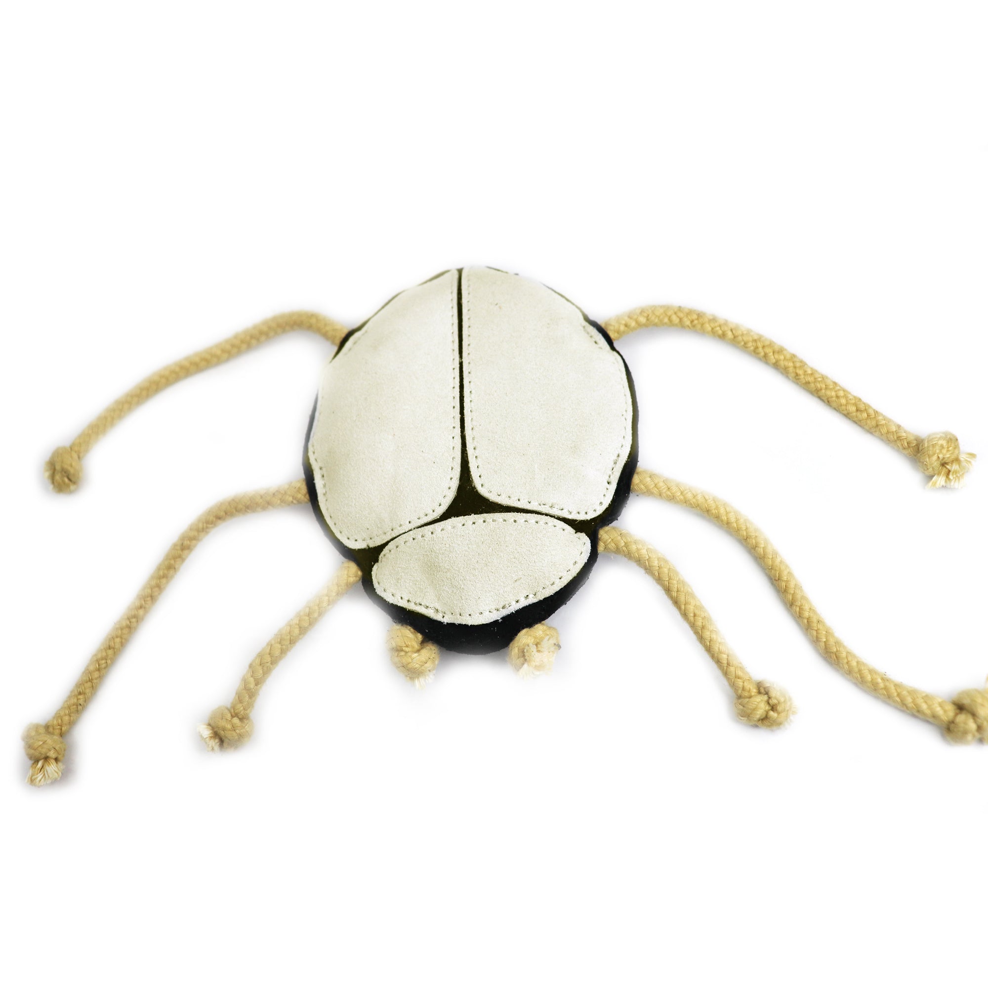 A Betty Beetle Chew Toy by Georgie Paws, with the appearance of a spider, featuring a white and black buffalo suede body and eight tan hand-knotted rope legs with knotted ends, isolated on a white background.