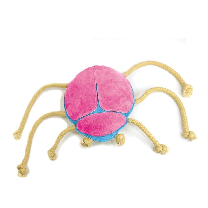 A colorful dog toy shaped like a spider, featuring a plush pink and blue Betty Beetle Chew Toy body with eight yellow rope legs, each ending in a small knot, set against a white background by Georgie Paws.