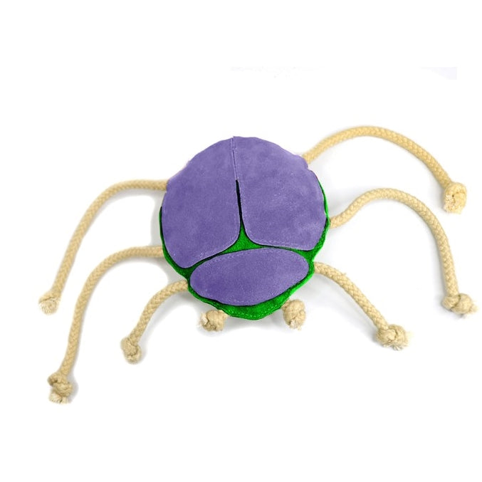 A handmade biodegradable fabric Betty Beetle Chew Toy by Georgie Paws, resembling a cartoonish purple octopus with a green base and eight dangling Veg Tanned Buffalo Suede tentacles with knots at the ends, isolated on a white background.