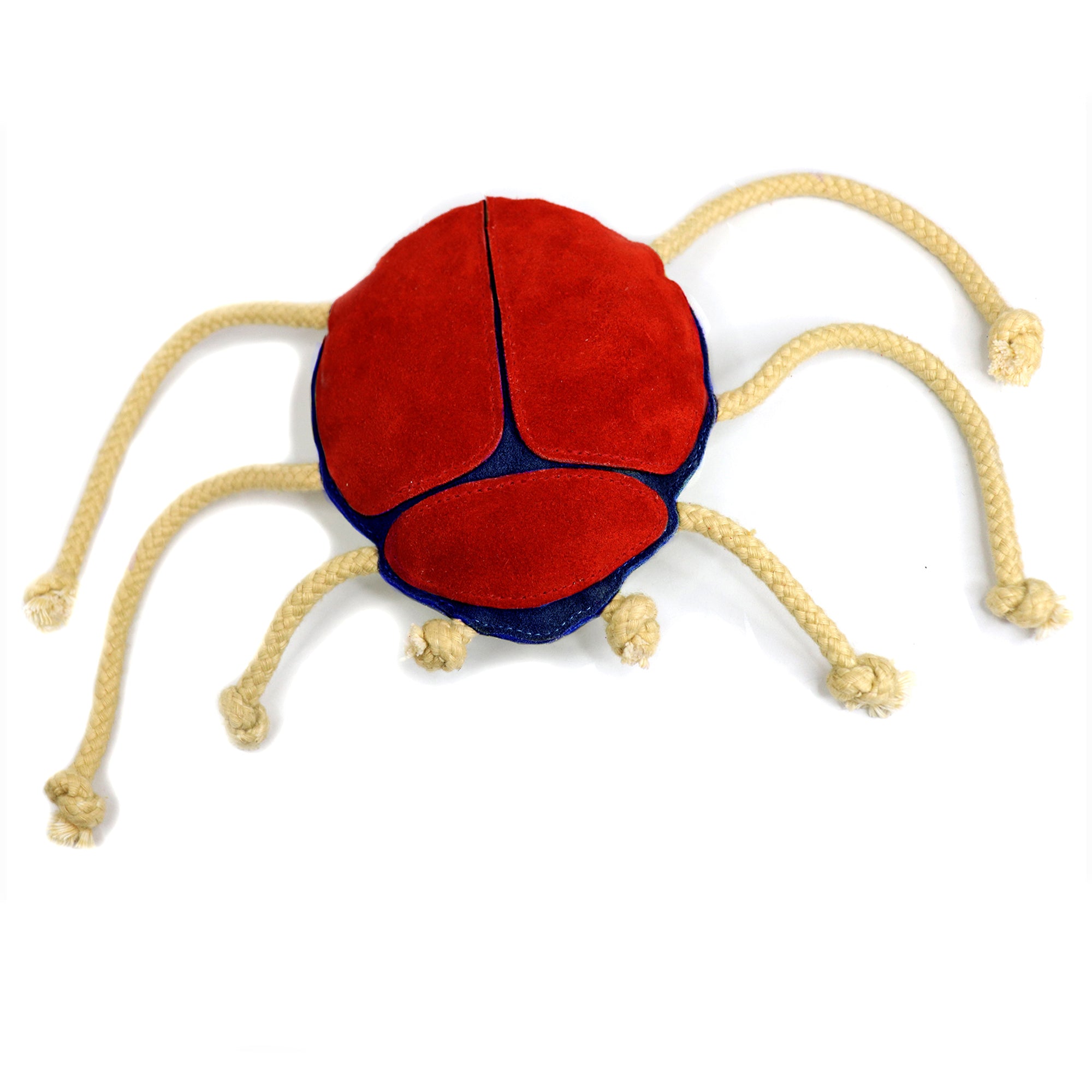 A Betty Beetle Chew Toy - red + navy designed by Georgie Paws is a plush toy that simulates a whimsical, colorful insect. It features six light tan rope legs, each ending in a knot, against a white background.