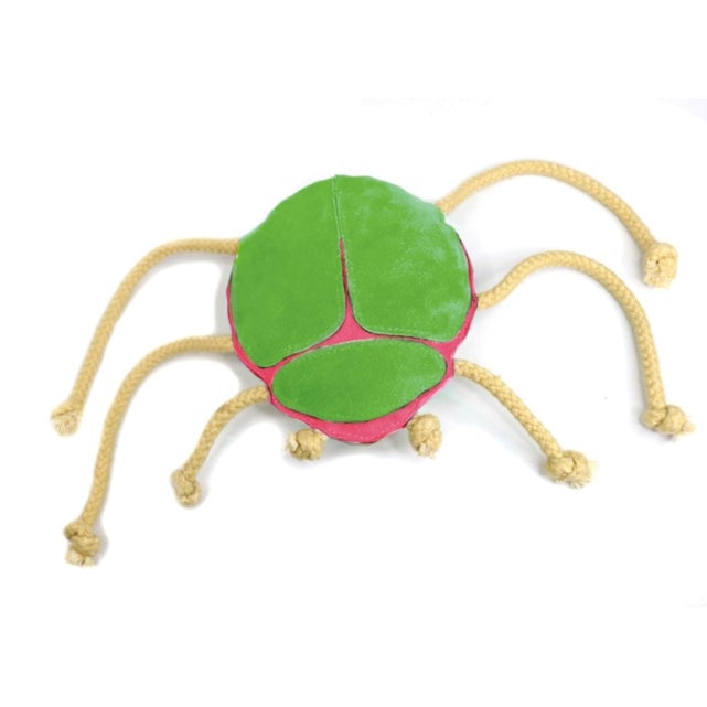 A colorful, pink and green Betty Beetle Chew Toy with knotted rope legs spread out, resembling an octopus, against a white background. (Georgie Paws)