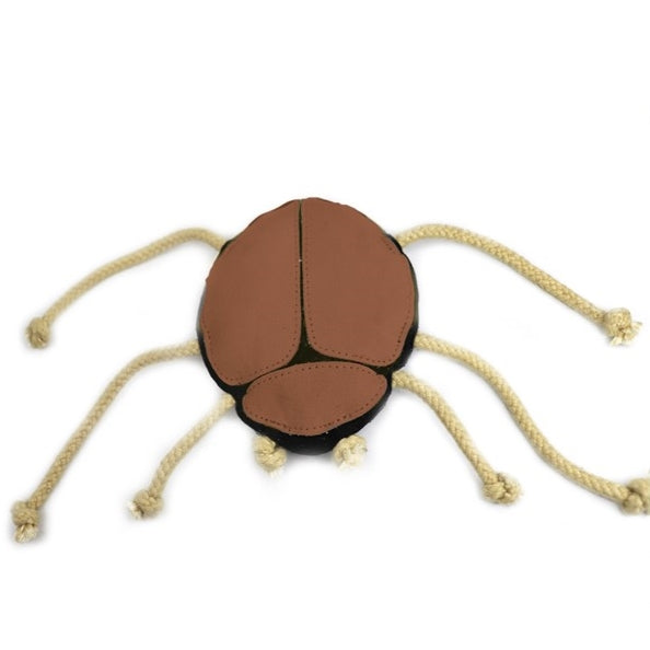 A black + tan, ball-shaped cat toy with six cream-colored, knotted rope tentacles spread out on a white background. The ball has stitched segments, resembling a simplified spider or an octopus and is Georgie Paws Betty Beetle Chew Toy.