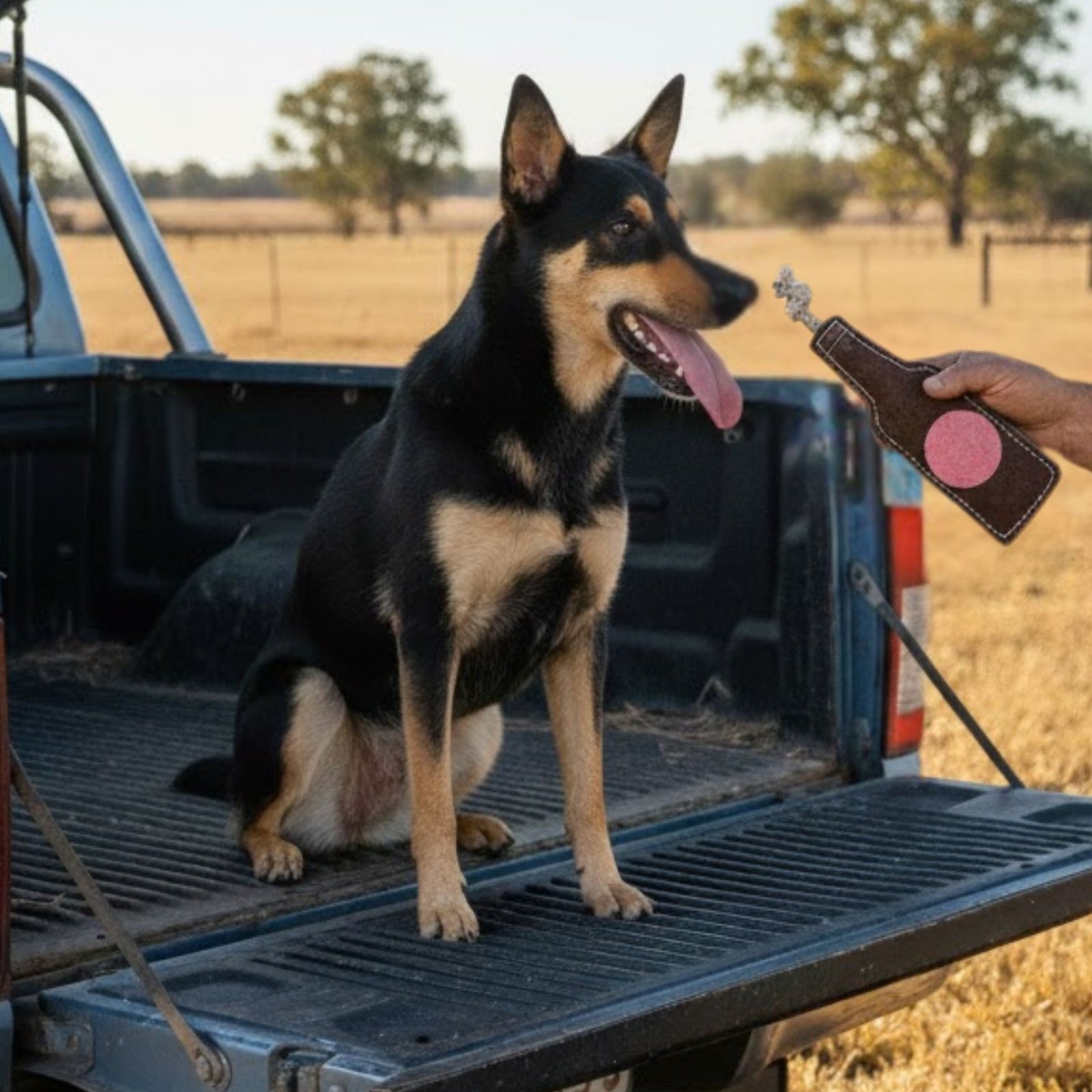 A black and tan dog sits on a blue pickup's tailgate in a field. A hand offers the Georgie Paws Bevvy Dog Toy, shaped like a bottle, to the dog. Green trees and dry grass are visible under a clear sky in the background.