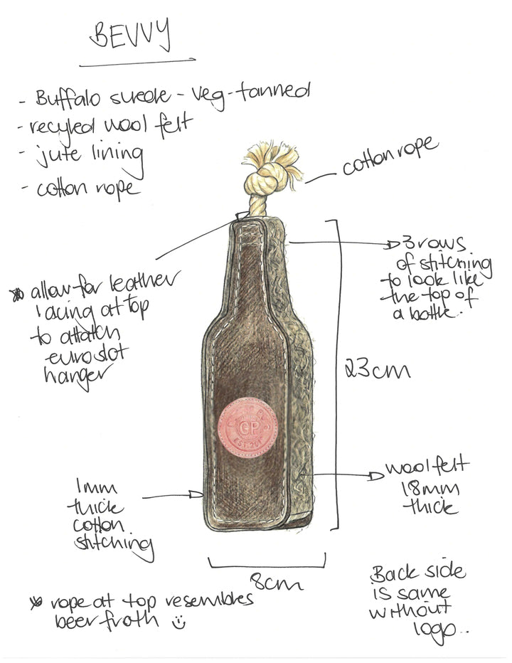 The Georgie Paws Bevvy Dog Toy is a hand-drawn bottle-shaped toy made from brown buffalo suede with visible stitching, a pink wax-style seal, and knotted cotton rope. Eco-friendly with recycled wool and jute lining. Size: 23cm x 8cm x 18mm.