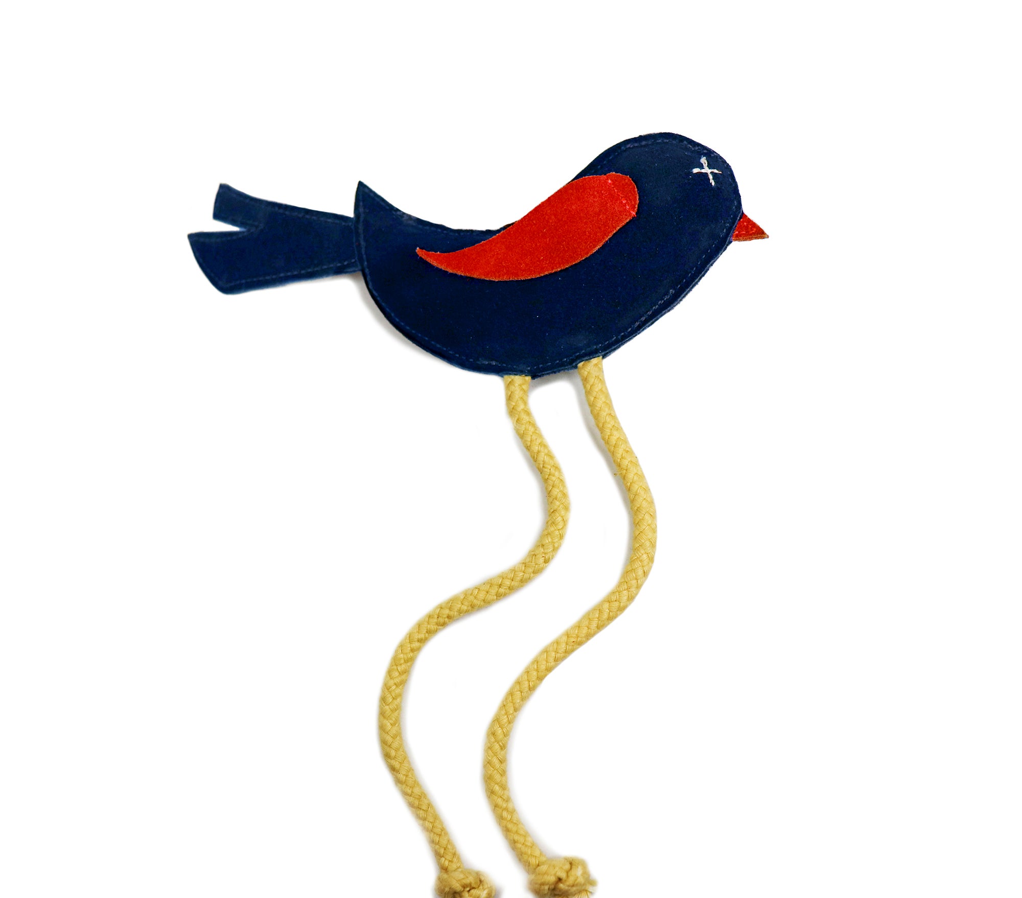 A whimsical Birdy Toy - Travis brooch with blue body, red wing, eye detail, and stylized yellow braided legs designed for small dogs against a white background by Georgie Paws.