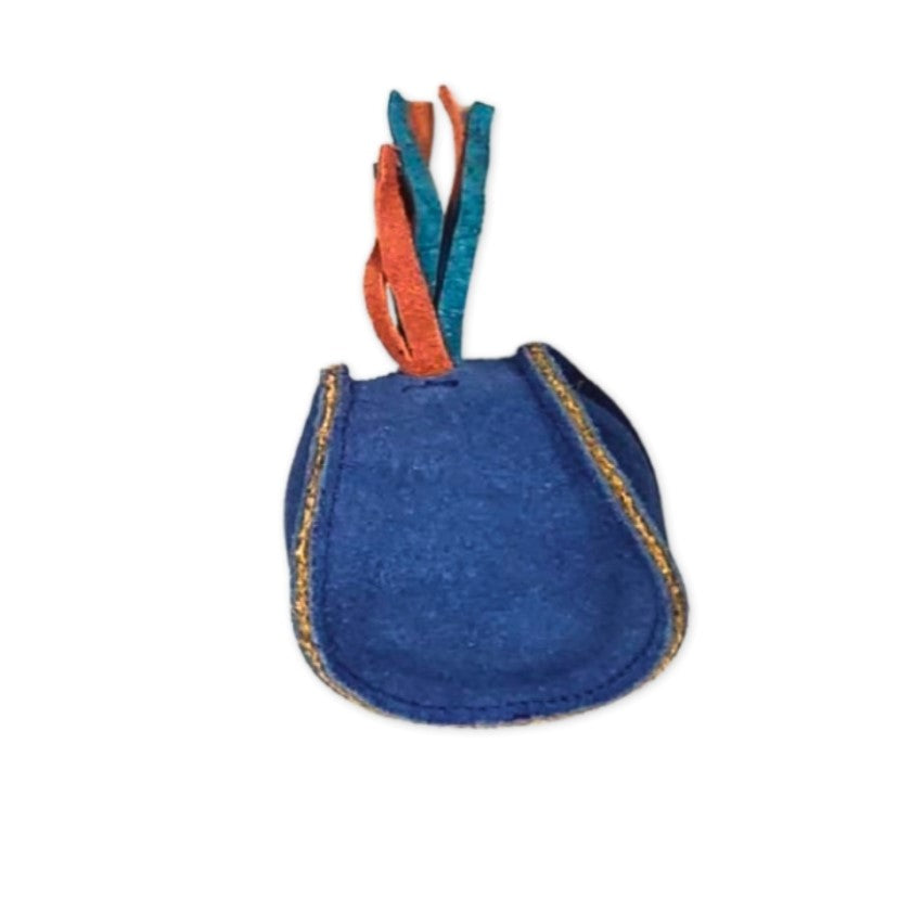 A small navy Bobble Sea Urchin drawstring pouch made of Buffalo suede with red and blue ribbons as ties, featuring yellow stitching along the edges, isolated on a white background by Georgie Paws.
