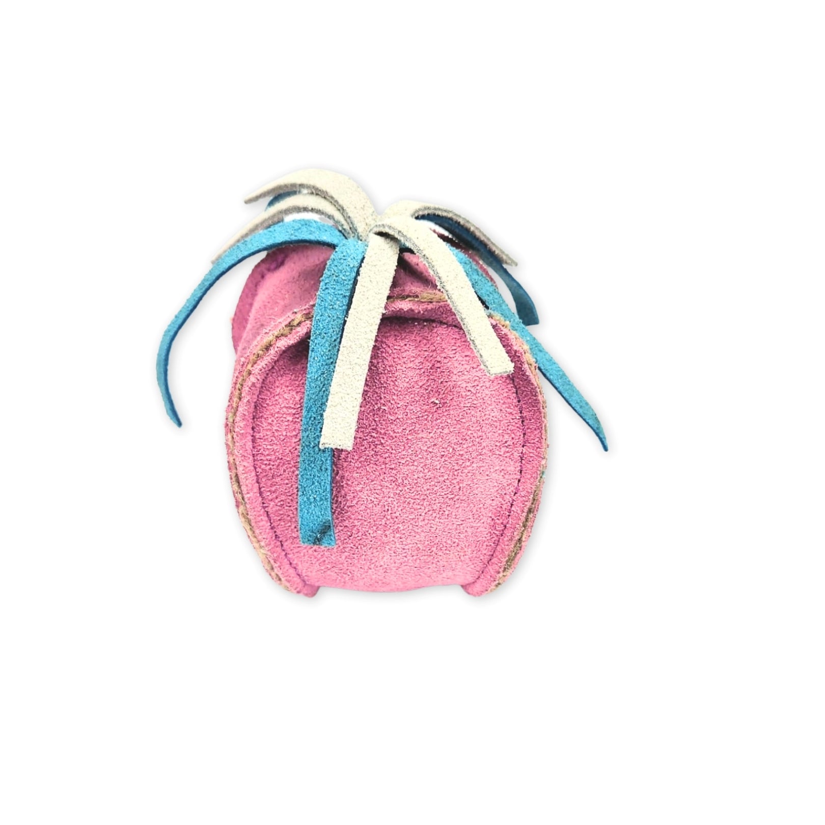 A small pink sustainable Bobble Sea Urchin dog toy pouch with blue and cream ribbons tied in a bow on top, isolated on a white background, suggesting a charming eco-friendly pet toy container by Georgie Paws.
