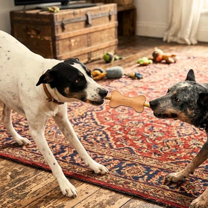 Two dogs play tug-of-war with the Georgie Paws Flora Bone Toy - Natural on a red rug in a cozy room, surrounded by plush toys and a wooden chest as sunlight streams through white-curtained windows.