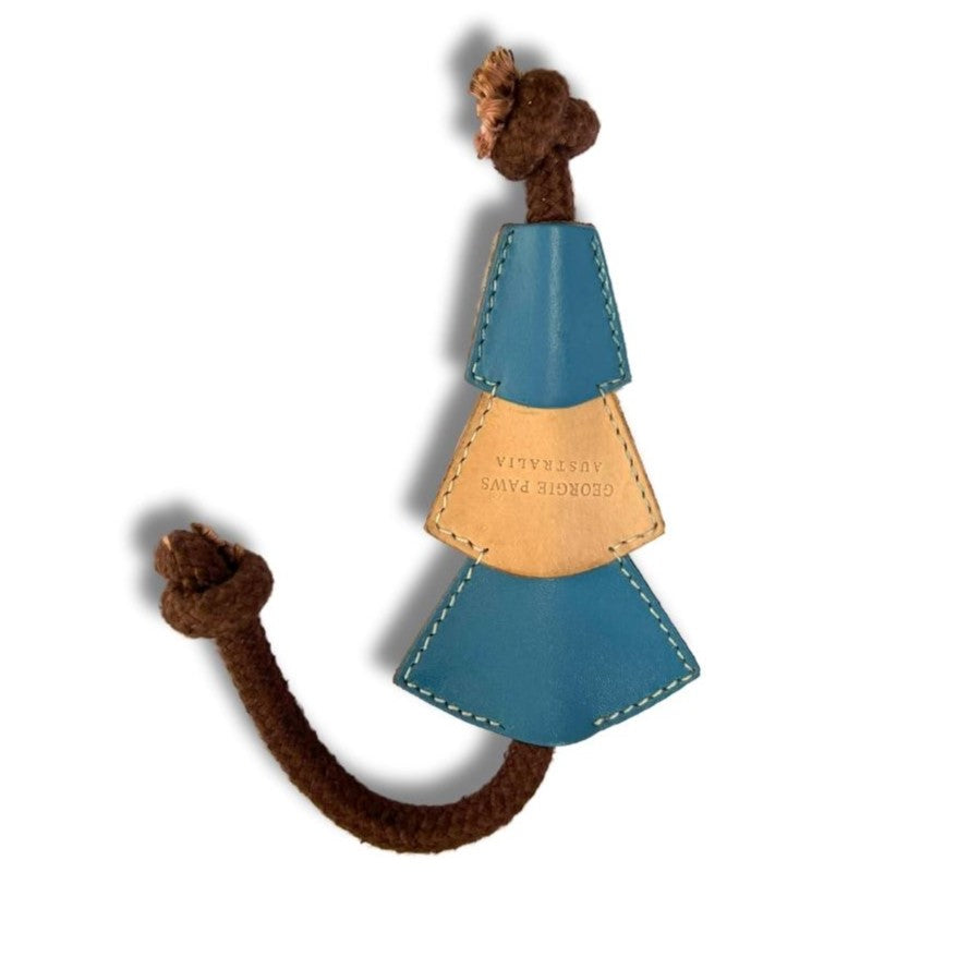 A handcrafted Bush Christmas Chew Toy - storm and rope cat toy with three blue teardrop-shaped pieces stitched together, featuring the embossed text "Georgia Pine.