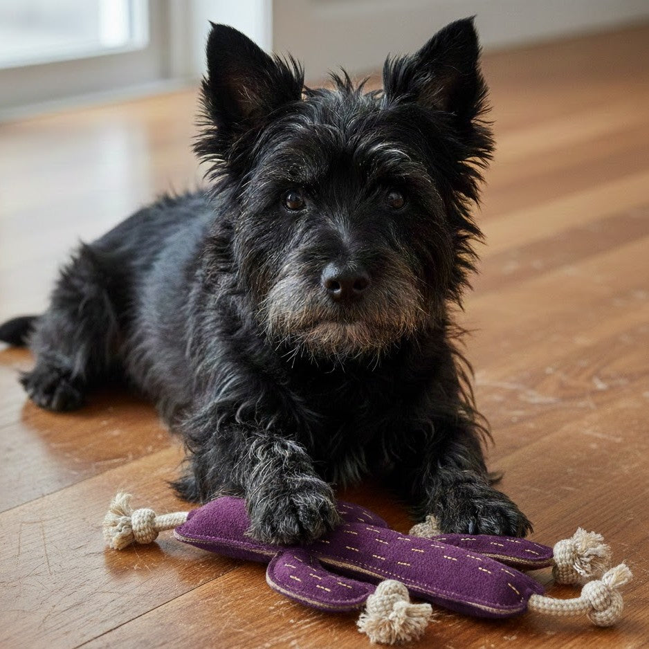 A small black dog with upright ears lies on a wooden floor, gazing at the camera. Its paws rest on the Georgie Paws Cactus - Dog Toy, an eco-friendly purple toy with rope ends. Sunlight shines in through a nearby window.