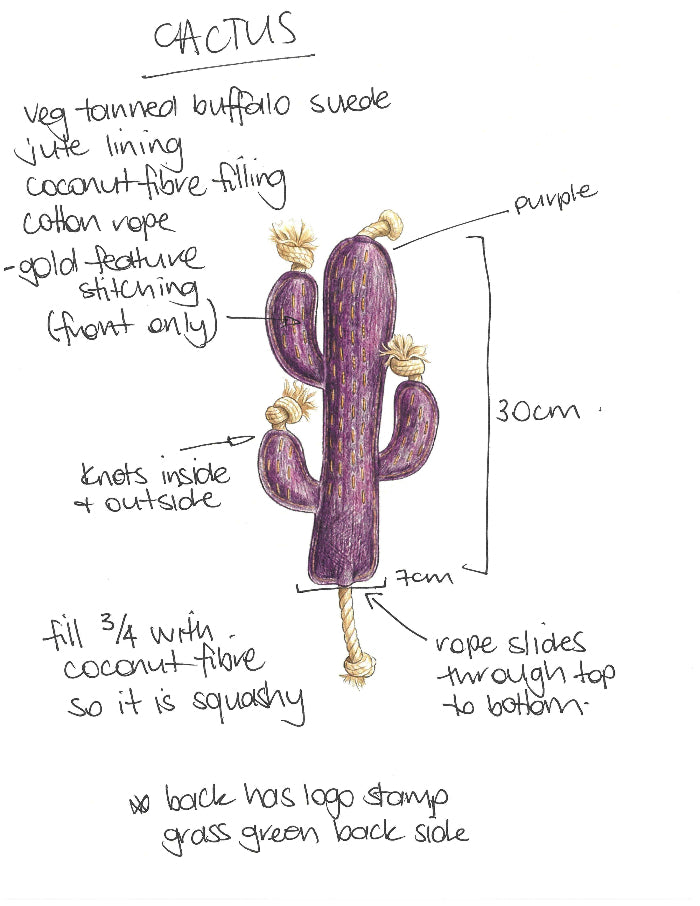 Another view of the Georgie Paws Cactus Dog Toy, a handmade purple cactus-shaped toy with rope