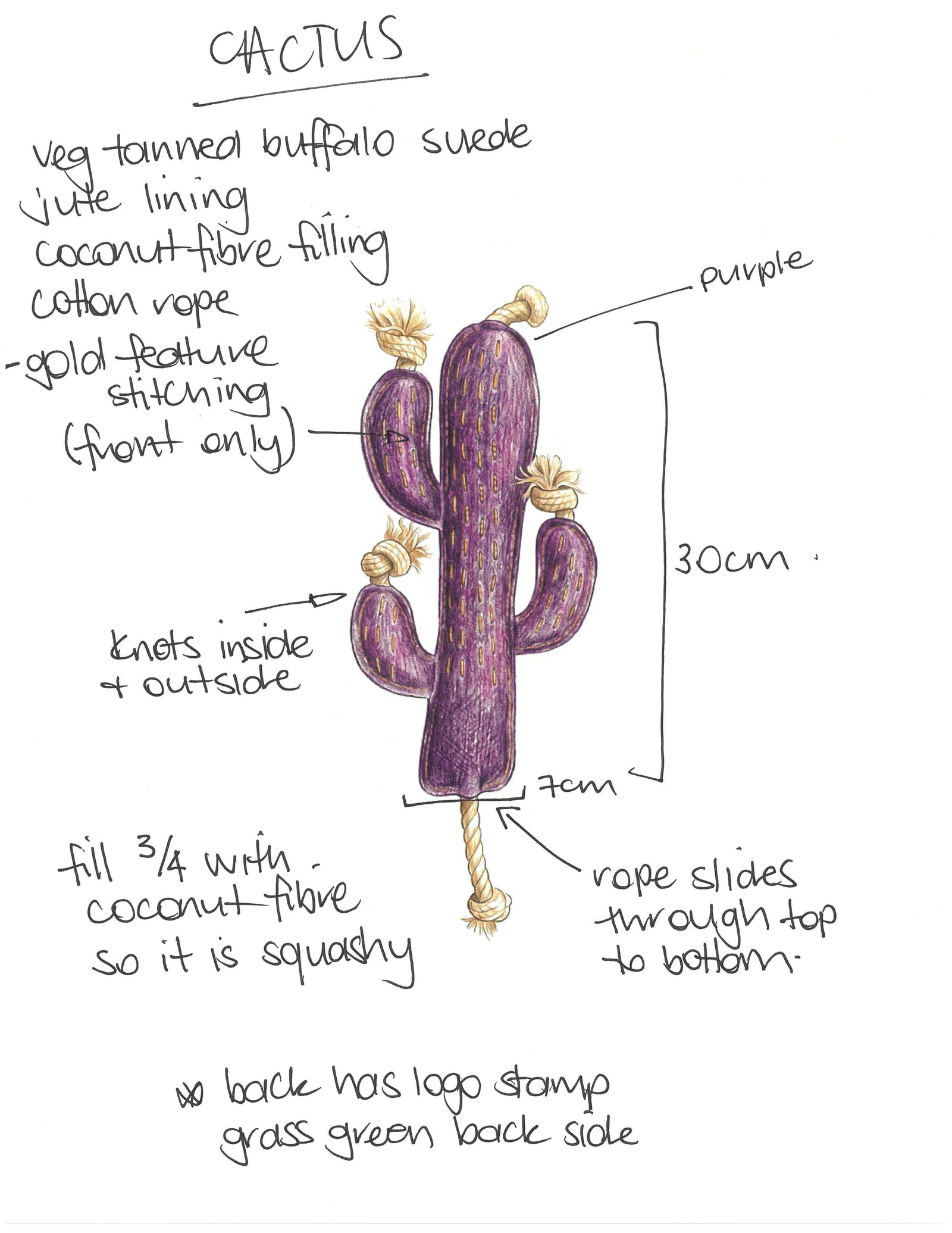 Georgie Paws' Cactus - Dog Toy is a 30cm x 7cm purple plush made from coconut fibre and buffalo suede, featuring gold stitching, knotted arms, a rope through its body, and a grass-green logo on the eco-friendly back.