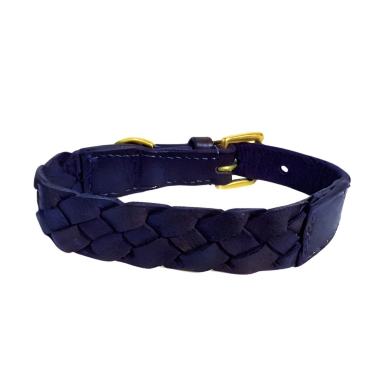 The Georgie Paws Casey Collar - Navy, crafted from veg-tanned buffalo leather with brass hardware, features visible edge stitching and an adjustable strap with sizing holes. It’s shown against a white background.