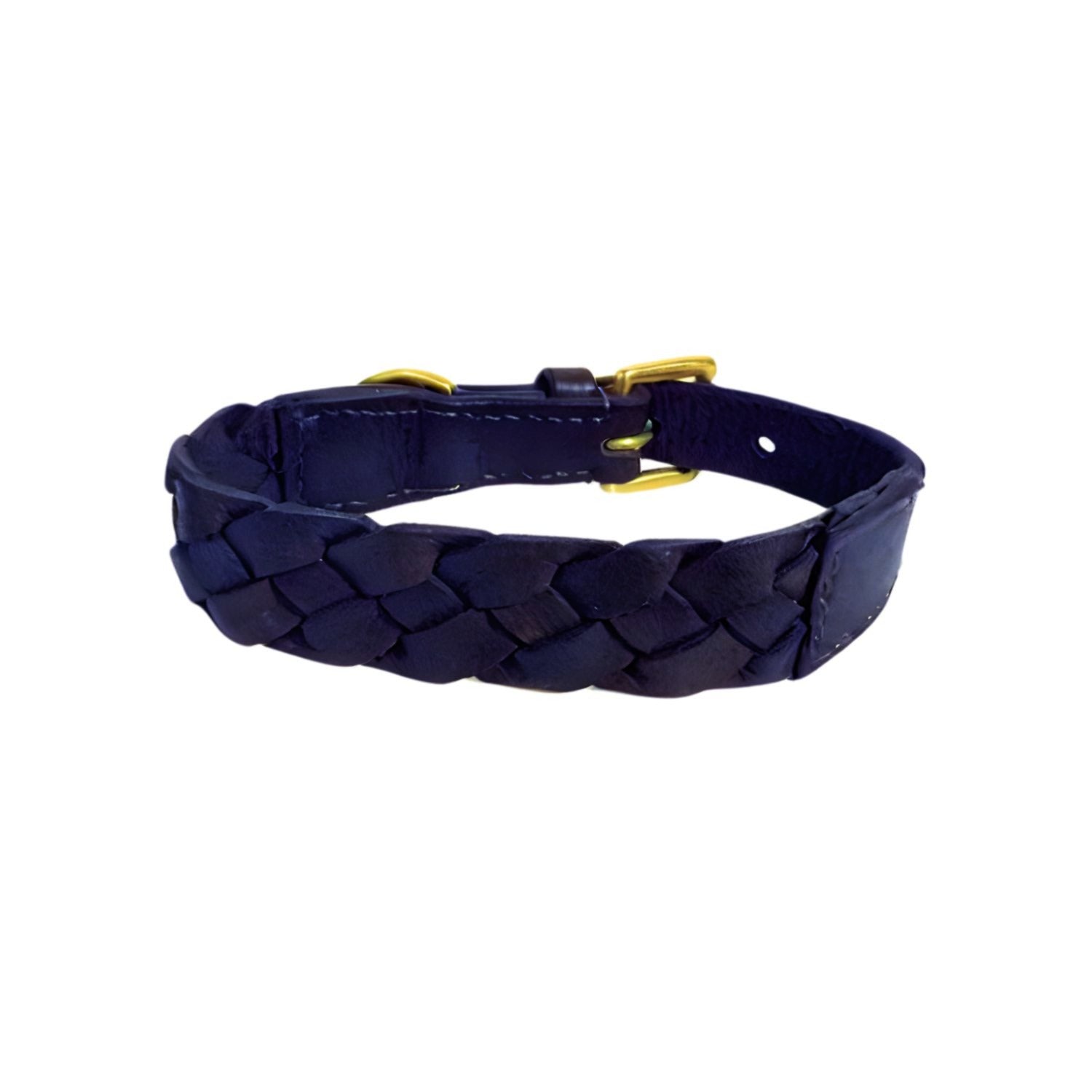 The POLO LEAD - DEAN by Georgie Paws is a dark navy blue braided waxed buffalo leather belt with a gold-colored buckle and stitched leather loop, shown partially fastened to highlight its woven texture and smooth accents against a white background.