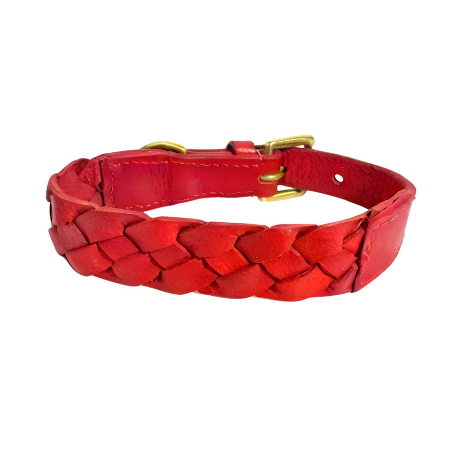 The Georgie Paws Casey Collar - Red is a vibrant, veg-tanned buffalo leather collar featuring thick braided strips and a gold brass buckle, creating a sturdy, stylish look against a clean white background.