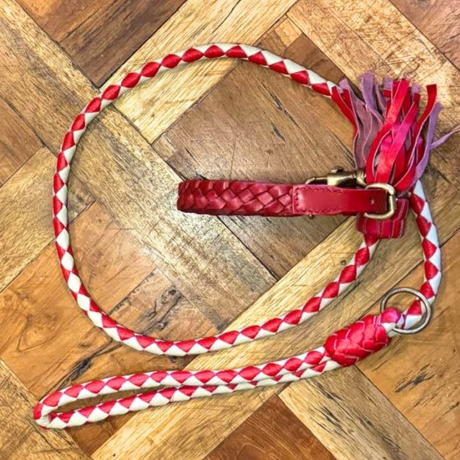 A braided red and white dog leash with a matching Georgie Paws Casey Collar - Red, featuring brass hardware and pink-red tassels, lies coiled on a parquet wood floor. The leash has a looped handle and metal ring.