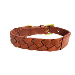 The Georgie Paws Casey Collar - Syrup features veg-tanned buffalo leather with a French Braid design, gold metal buckle and D-ring, plus visible stitching—combining style and durability for medium to large dogs.