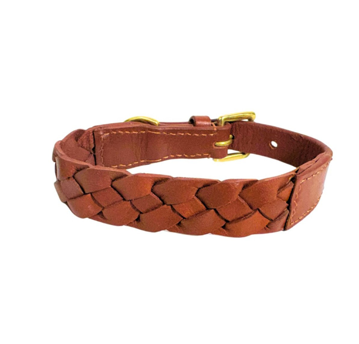 The Georgie Paws Casey Collar - Syrup features veg-tanned buffalo leather with a French Braid design, gold metal buckle and D-ring, plus visible stitching—combining style and durability for medium to large dogs.